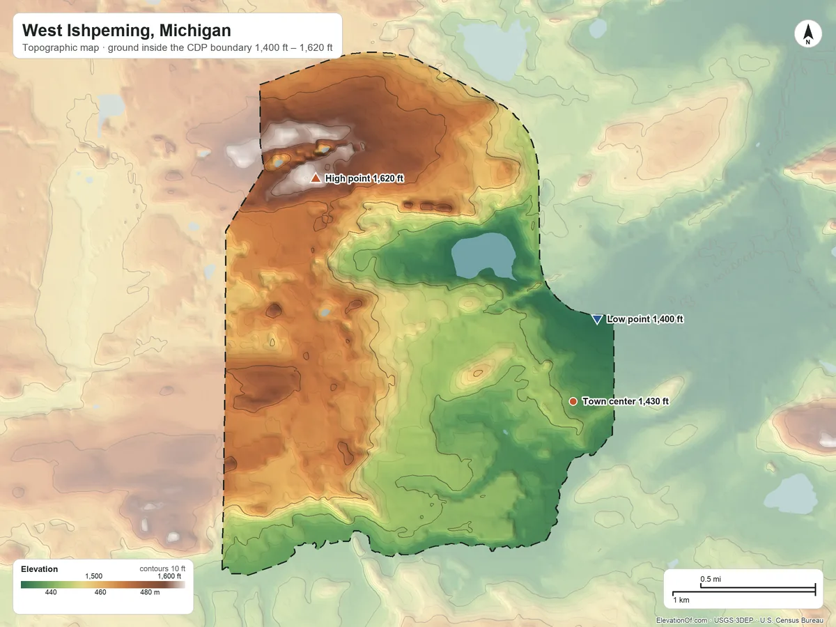 Topographic elevation map of West Ishpeming, Michigan, shaded from 1,400 ft on the north side to 1,620 ft on the northwest side