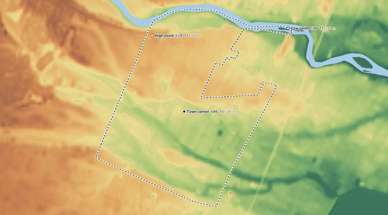Topographic elevation map of West Monroe, Michigan, shaded from 590 ft on the northeast side to 610 ft on the northwest side