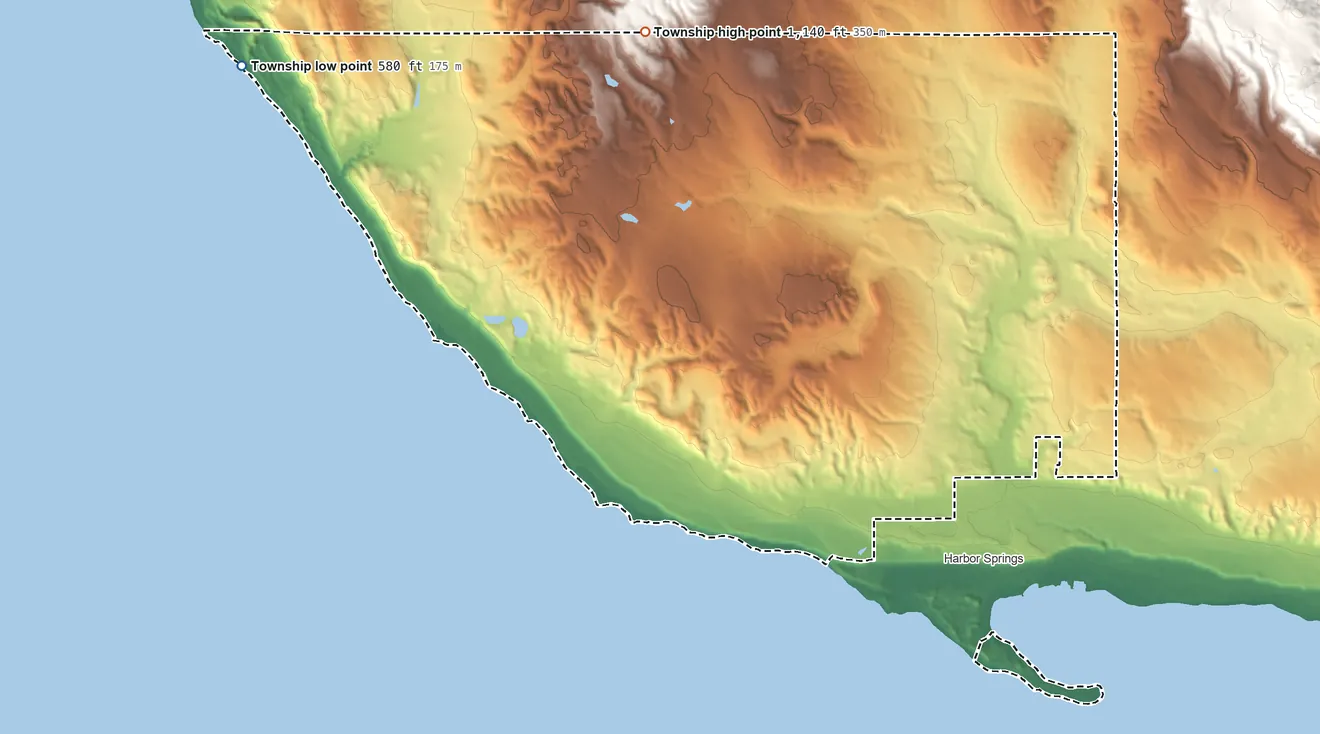 Topographic elevation map of West Traverse Township, Michigan, shaded from 580 ft on the west side to 1,140 ft on the northwest side