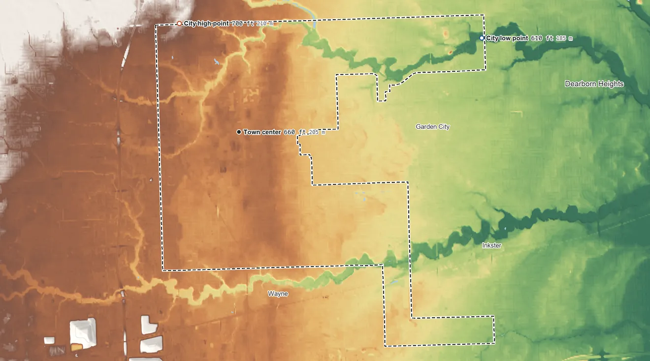 Topographic elevation map of Westland, Michigan, shaded from 610 ft on the east side to 700 ft on the northwest side