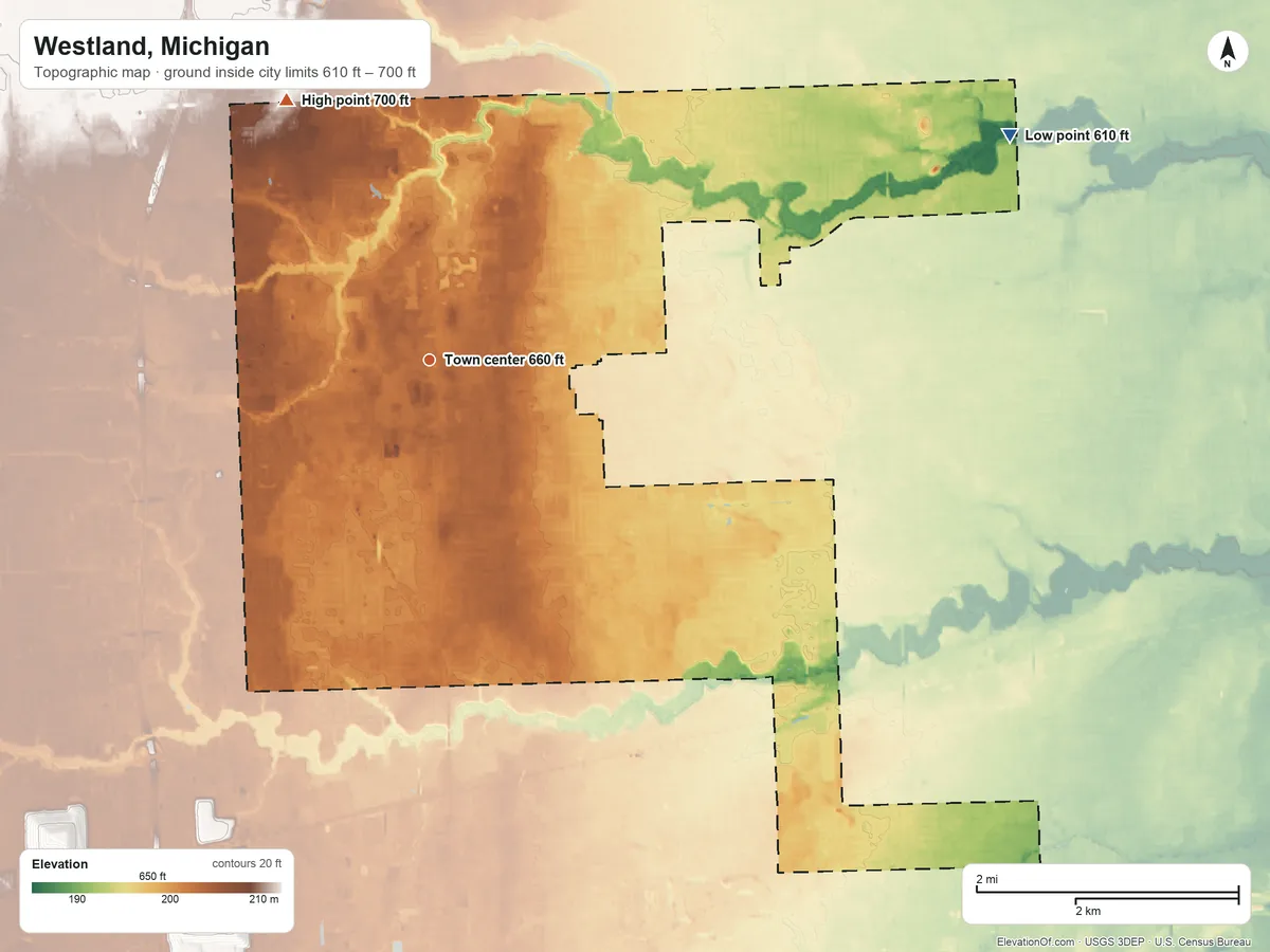 Topographic elevation map of Westland, Michigan, shaded from 610 ft on the east side to 700 ft on the northwest side