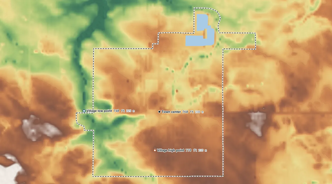 Topographic elevation map of Westphalia, Michigan, shaded from 740 ft on the west side to 770 ft on the south side