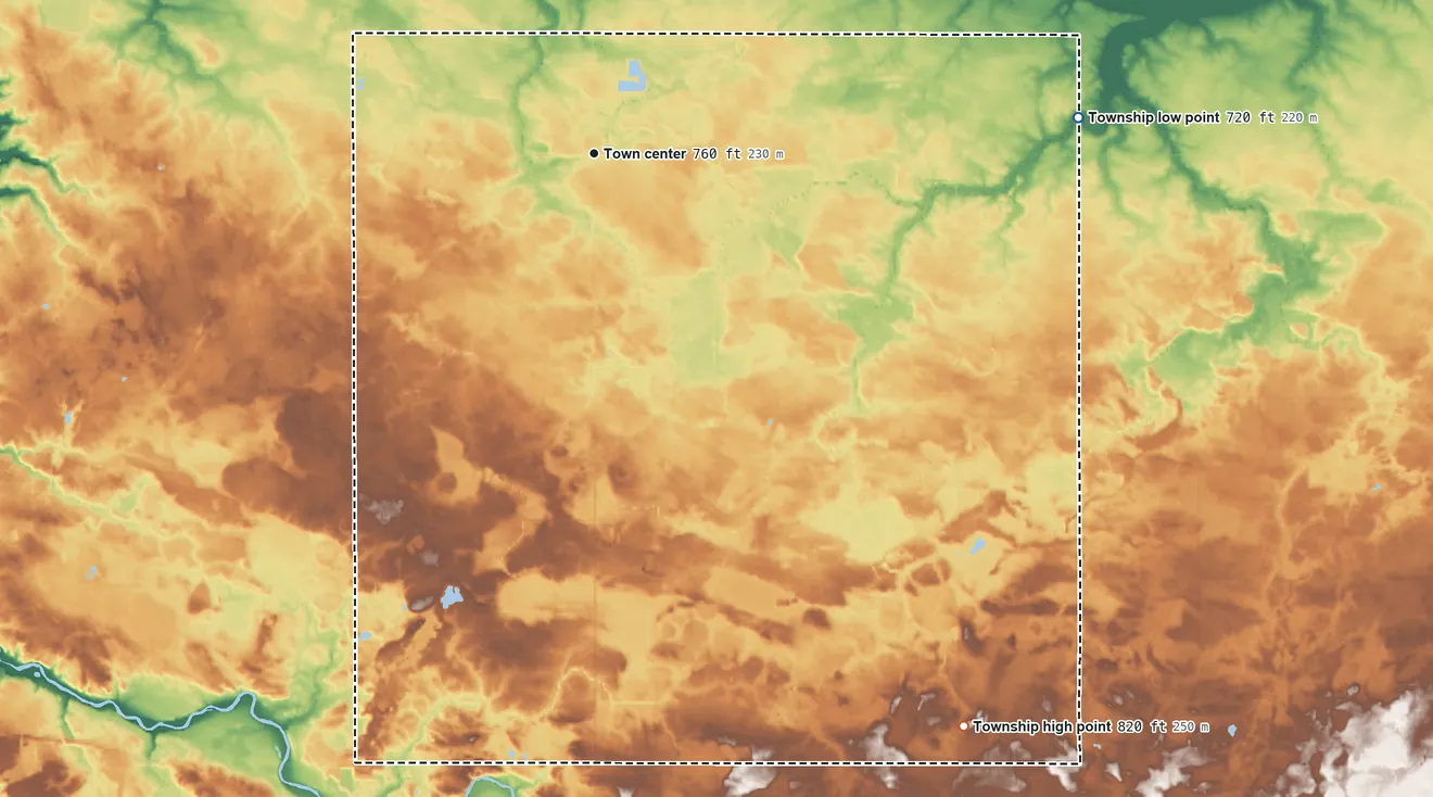 Topographic elevation map of Westphalia Township, Michigan, shaded from 720 ft on the east side to 820 ft on the southeast side