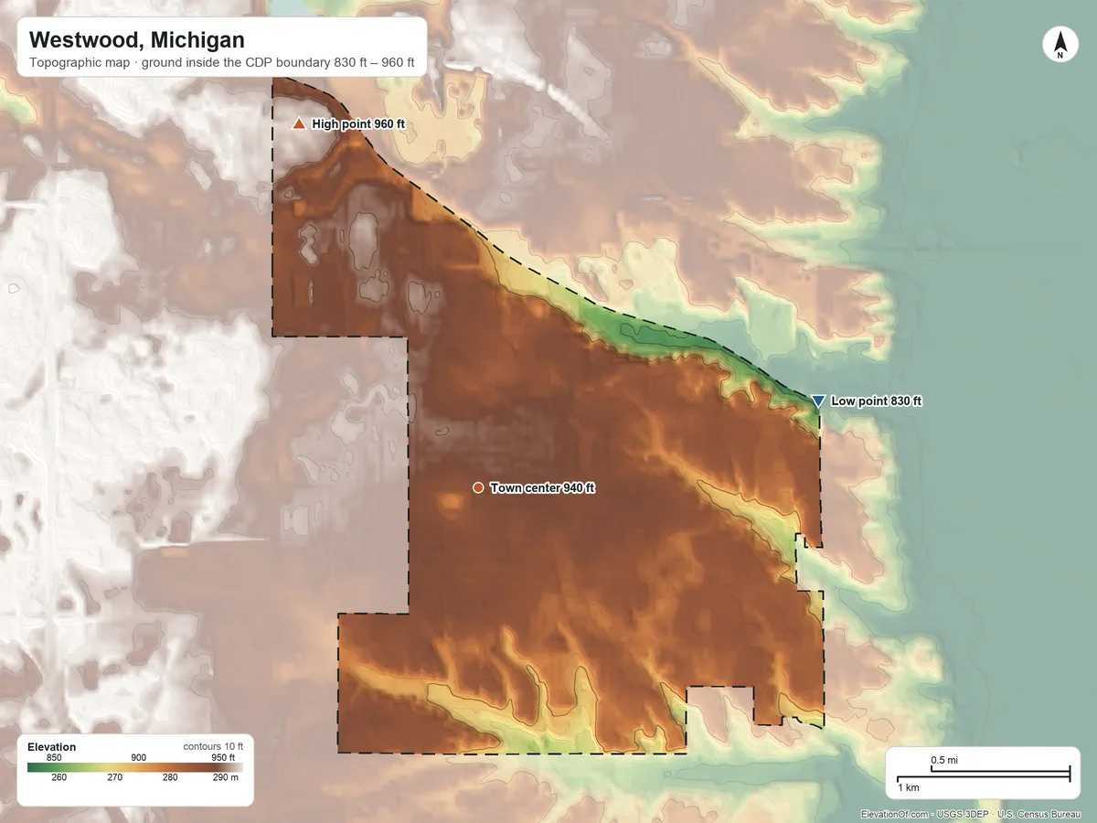 Topographic elevation map of Westwood, Michigan, shaded from 830 ft on the east side to 960 ft on the northwest side