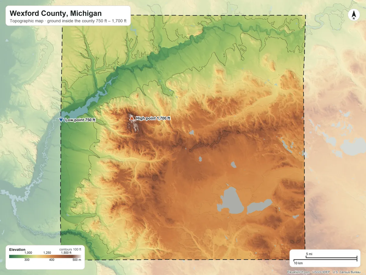 Topographic elevation map of Wexford County, Michigan, shaded from 750 ft on the west side to 1,700 ft on Briar Hill