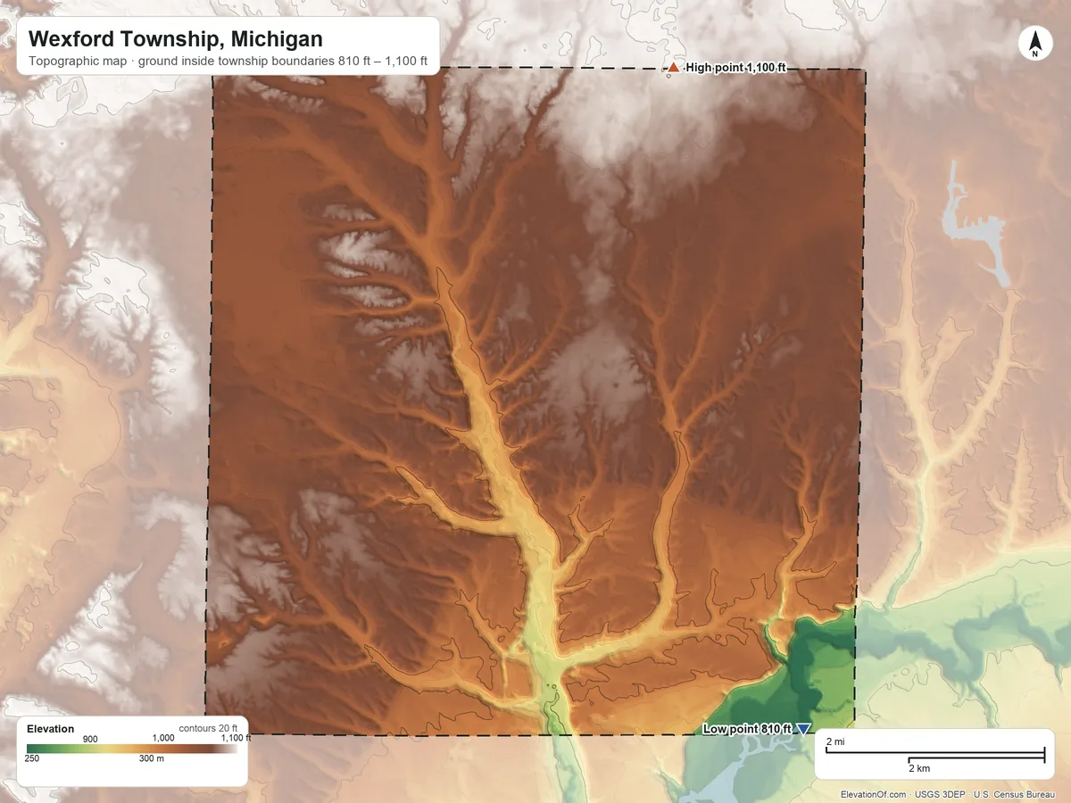 Topographic elevation map of Wexford Township, Michigan, shaded from 810 ft on the southeast side to 1,100 ft on the north side