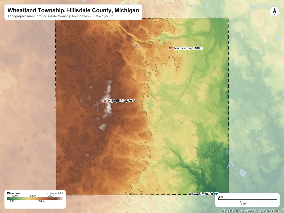 Topographic elevation map of Wheatland Township, Hillsdale County, Michigan, shaded from 960 ft on the south side to 1,270 ft on the southwest side
