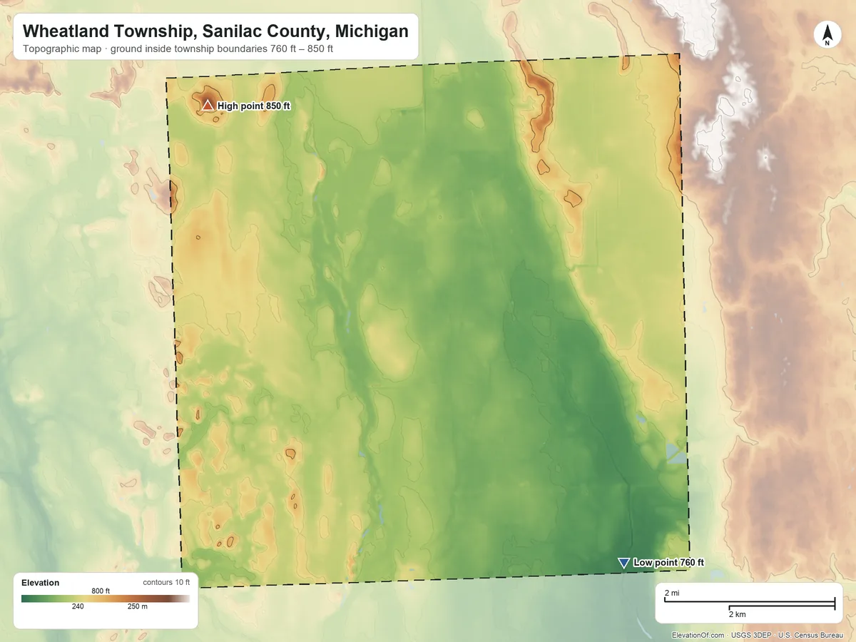 Topographic elevation map of Wheatland Township, Sanilac County, Michigan, shaded from 760 ft on the southeast side to 850 ft on the northwest side