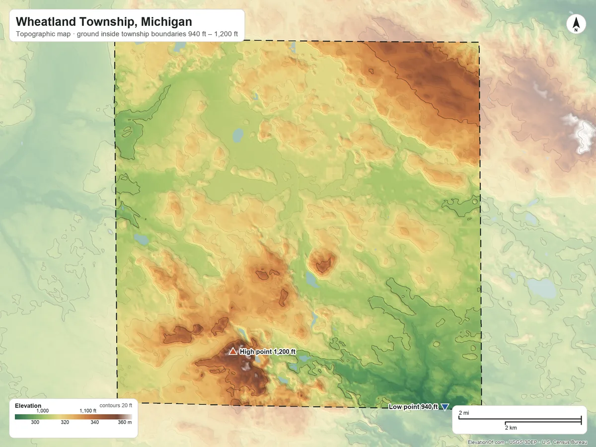 Topographic elevation map of Wheatland Township, Michigan, shaded from 940 ft on the southeast side to 1,200 ft on the southwest side