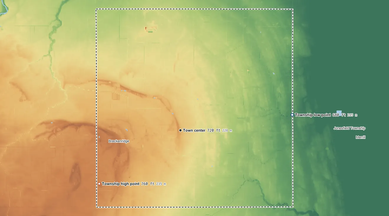 Topographic elevation map of Wheeler Township, Michigan, shaded from 680 ft on the east side to 760 ft on the southwest side