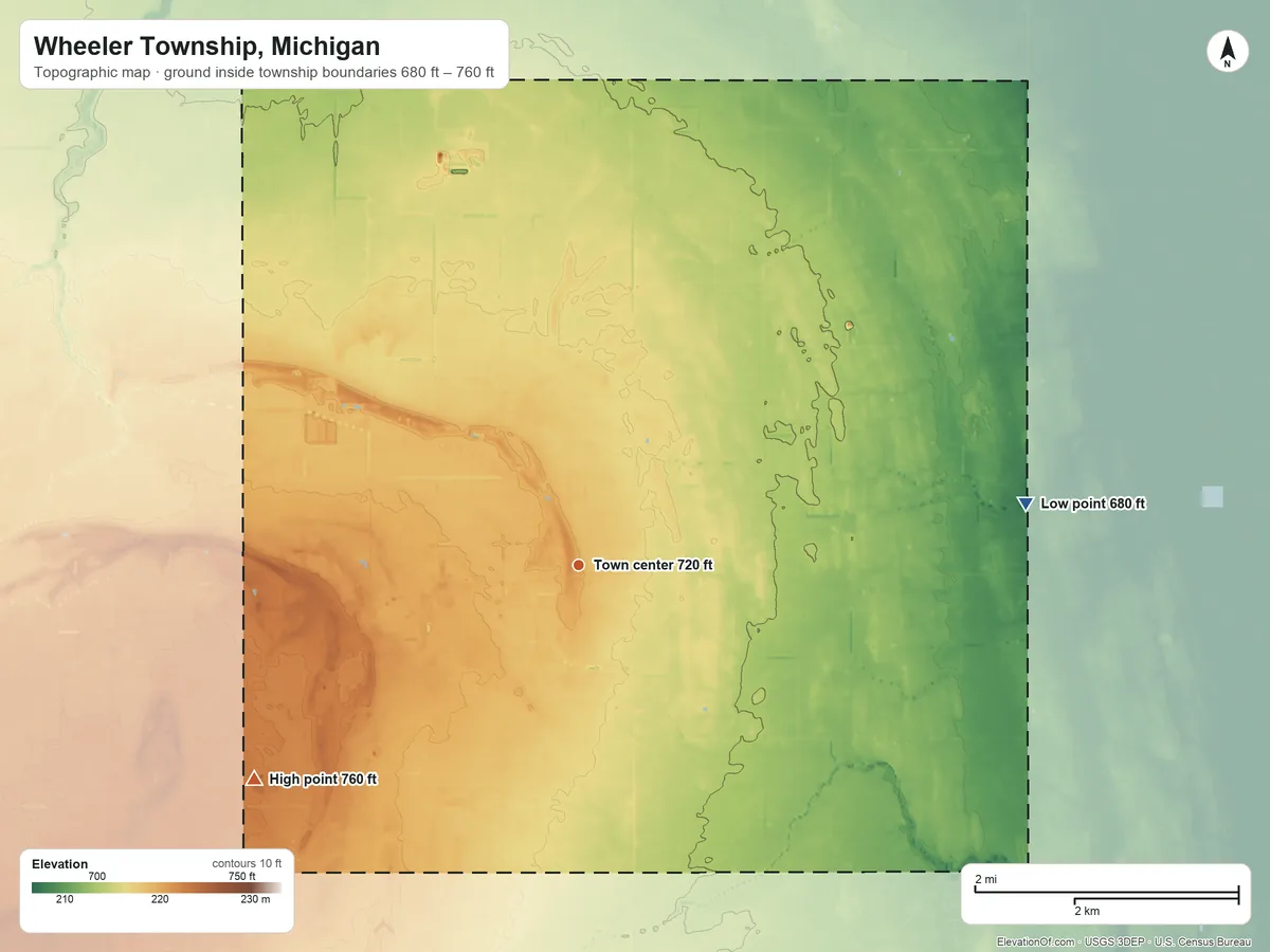 Topographic elevation map of Wheeler Township, Michigan, shaded from 680 ft on the east side to 760 ft on the southwest side