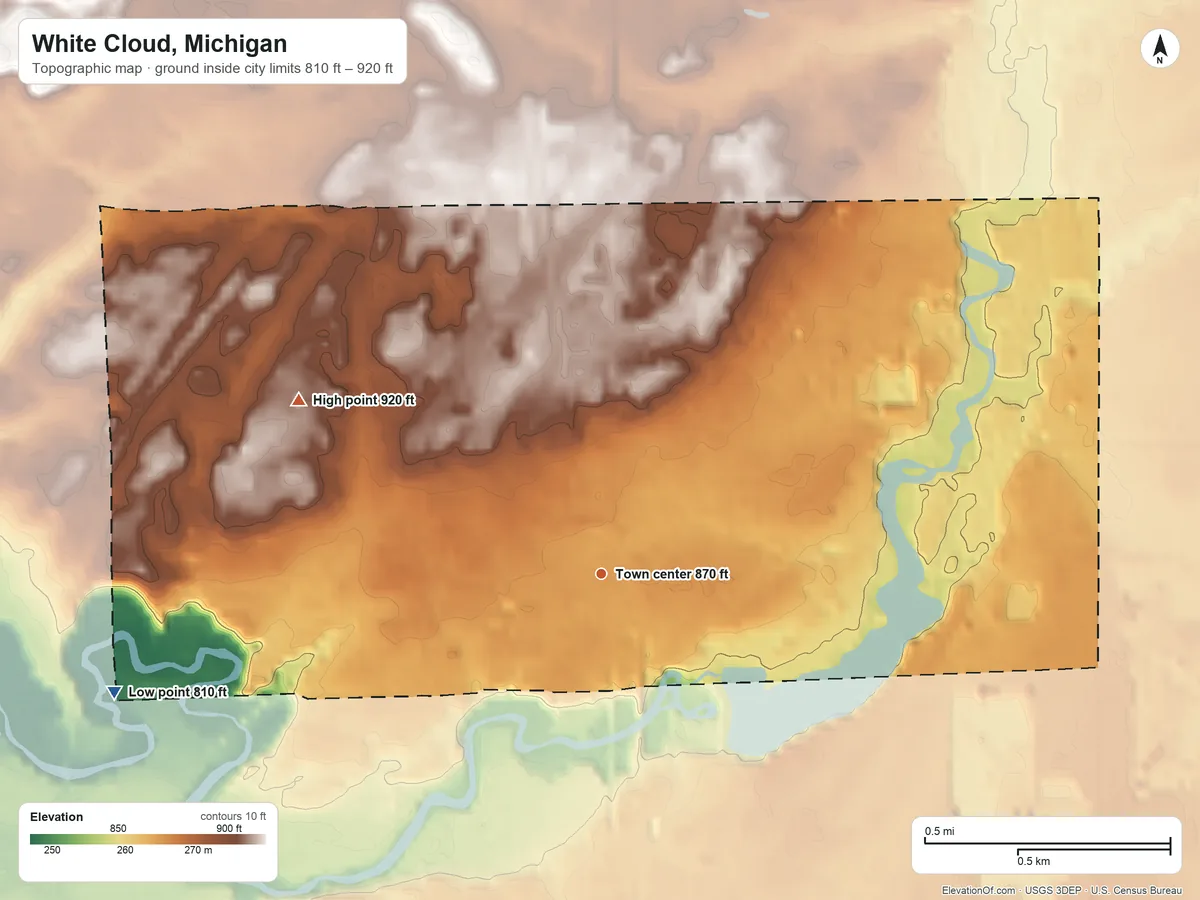 Topographic elevation map of White Cloud, Michigan, shaded from 810 ft on the west side to 920 ft on the northwest side