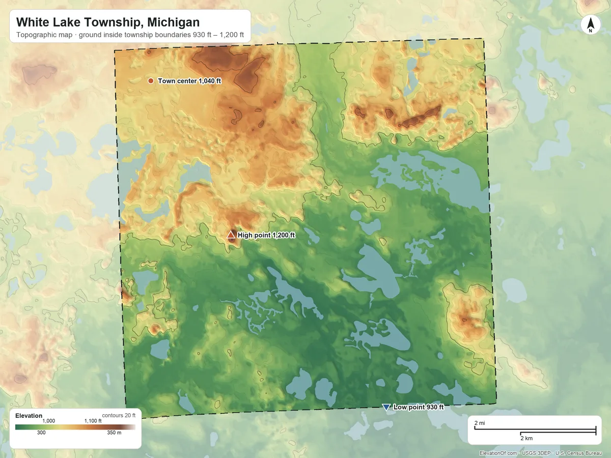 Topographic elevation map of White Lake Township, Michigan, shaded from 930 ft on the southeast side to 1,200 ft on the southeast side