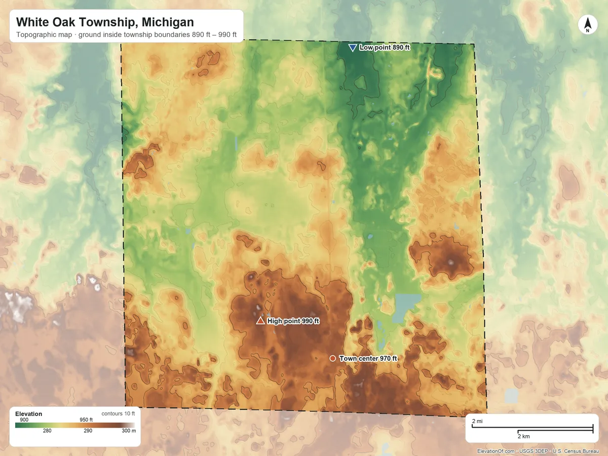 Topographic elevation map of White Oak Township, Michigan, shaded from 890 ft on the north side to 990 ft on the northwest side