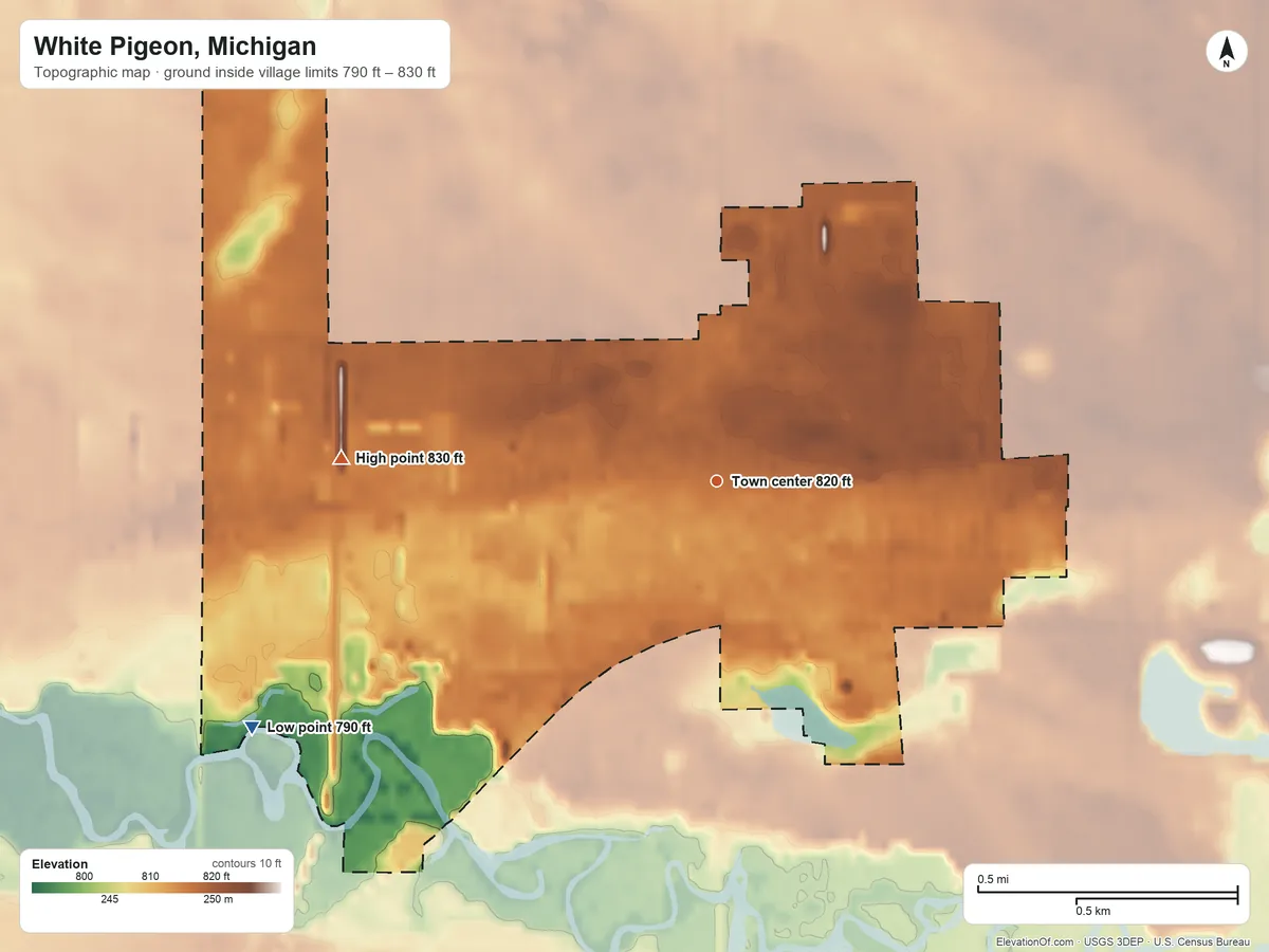 Topographic elevation map of White Pigeon, Michigan, shaded from 790 ft on the southwest side to 830 ft on the west side