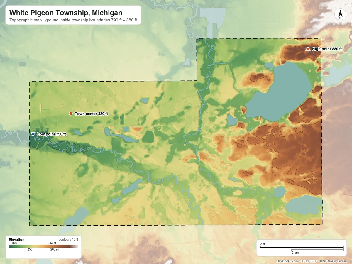 Topographic elevation map of White Pigeon Township, Michigan, shaded from 790 ft on the southwest side to 880 ft on the east side
