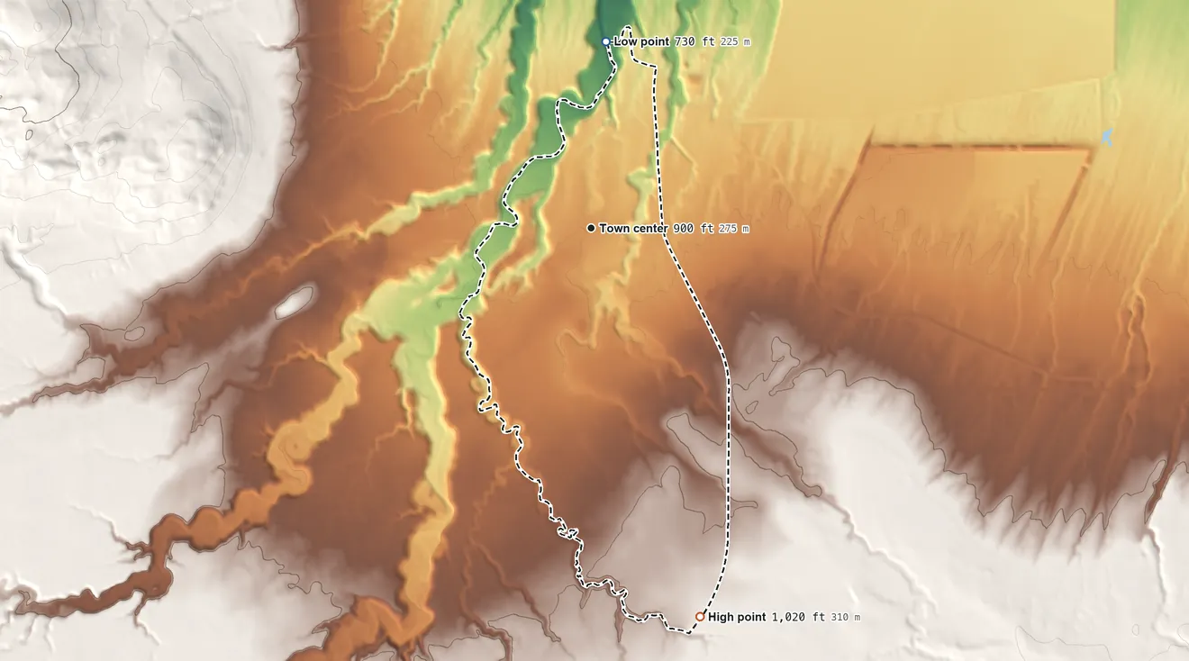 Topographic elevation map of White Pine, Michigan, shaded from 730 ft on the north side to 1,020 ft at the foot of the Porcupine Mountains