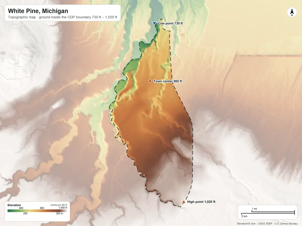 Topographic elevation map of White Pine, Michigan, shaded from 730 ft on the north side to 1,020 ft at the foot of the Porcupine Mountains
