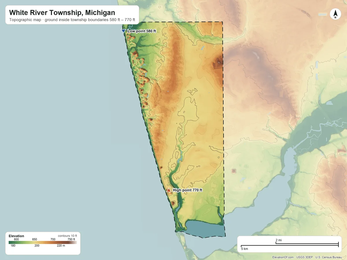 Topographic elevation map of White River Township, Michigan, shaded from 580 ft on the northwest side to 770 ft on the south side