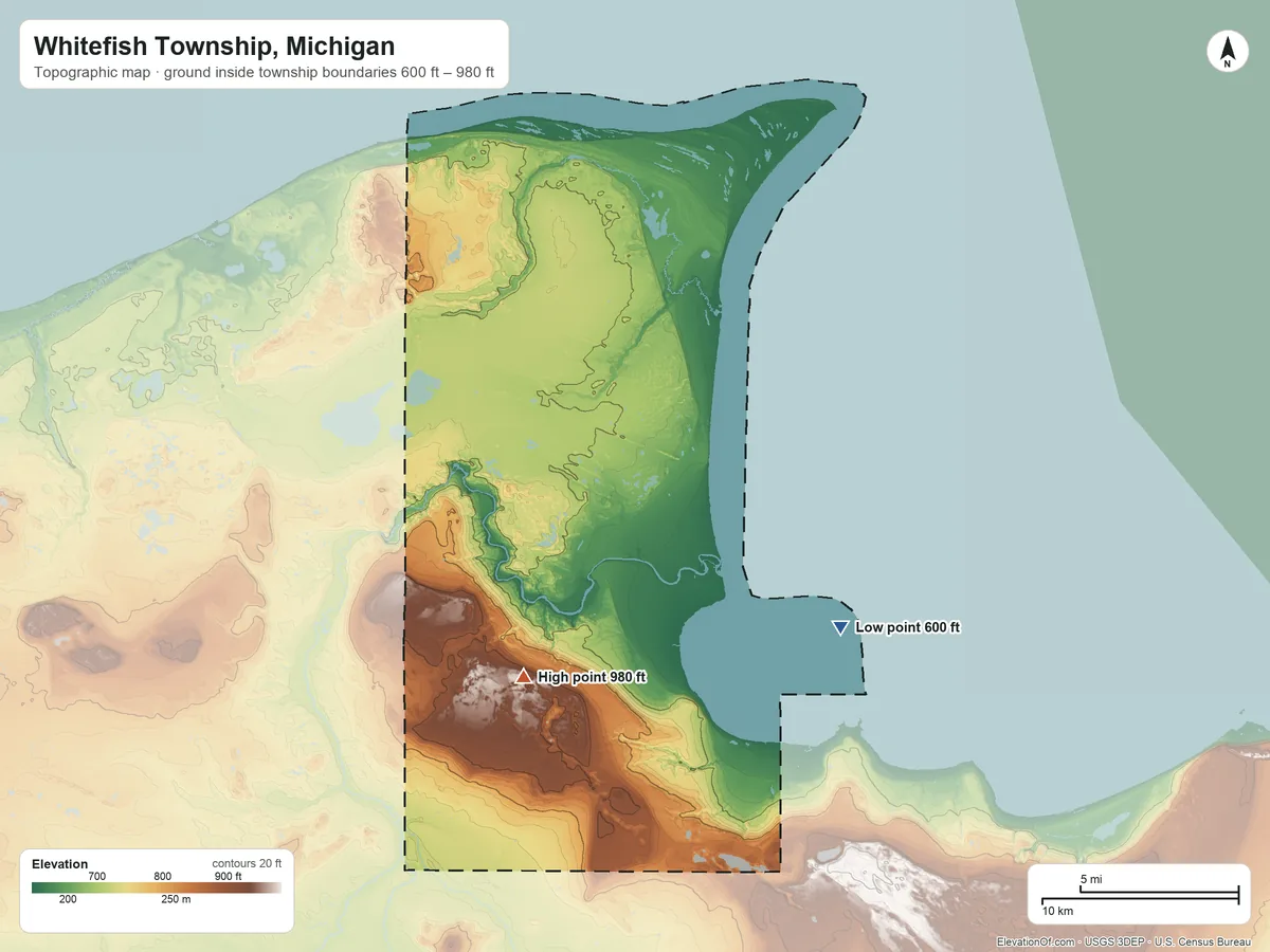 Topographic elevation map of Whitefish Township, Michigan, shaded from 600 ft on the southeast side to 980 ft on the southwest side