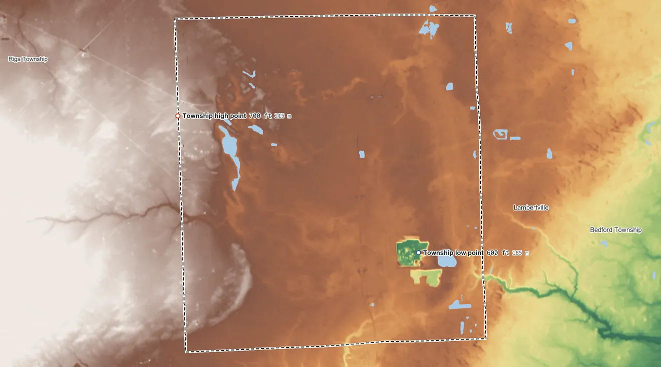 Topographic elevation map of Whiteford Township, Michigan, shaded from 600 ft on the southeast side to 700 ft on the west side