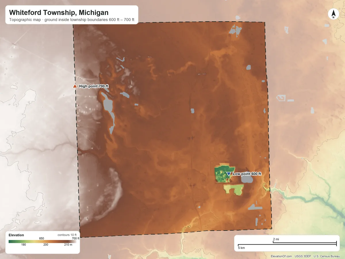 Topographic elevation map of Whiteford Township, Michigan, shaded from 600 ft on the southeast side to 700 ft on the west side