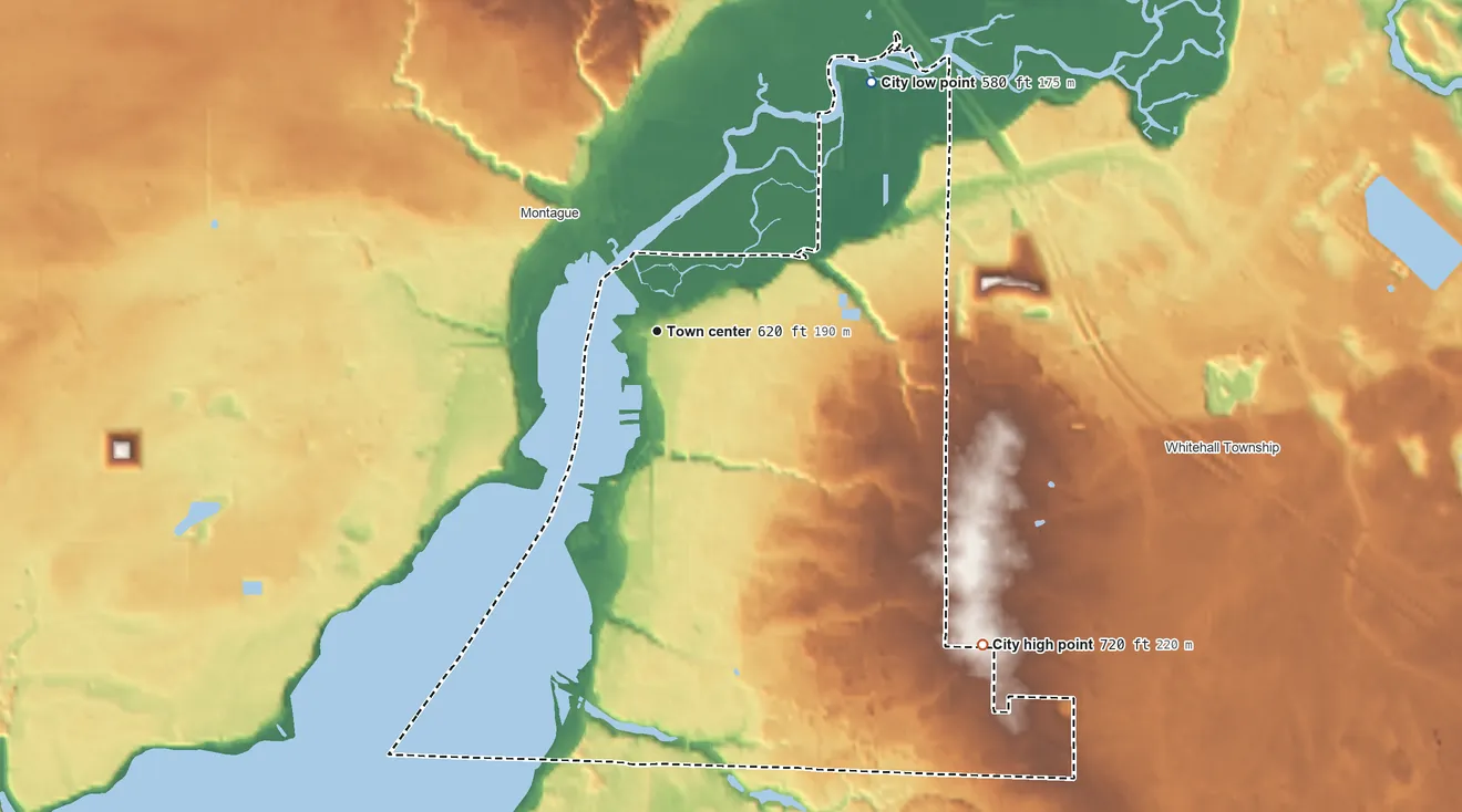 Topographic elevation map of Whitehall, Michigan, shaded from 580 ft on the northeast side to 720 ft on the southeast side