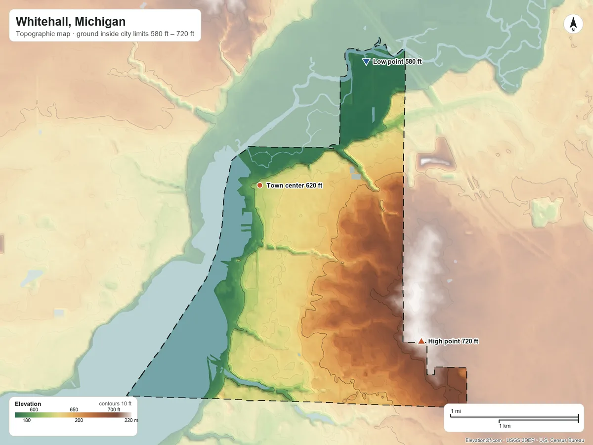 Topographic elevation map of Whitehall, Michigan, shaded from 580 ft on the northeast side to 720 ft on the southeast side