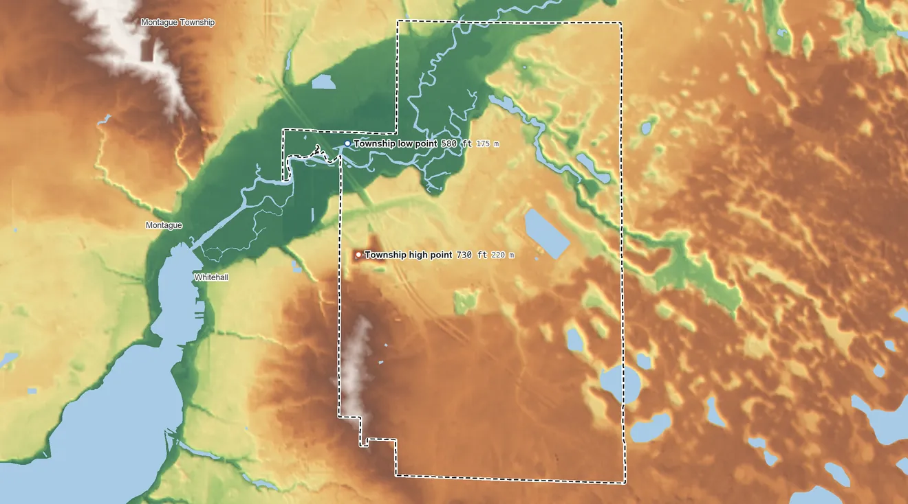 Topographic elevation map of Whitehall Township, Michigan, shaded from 580 ft on the northwest side to 730 ft on the northwest side