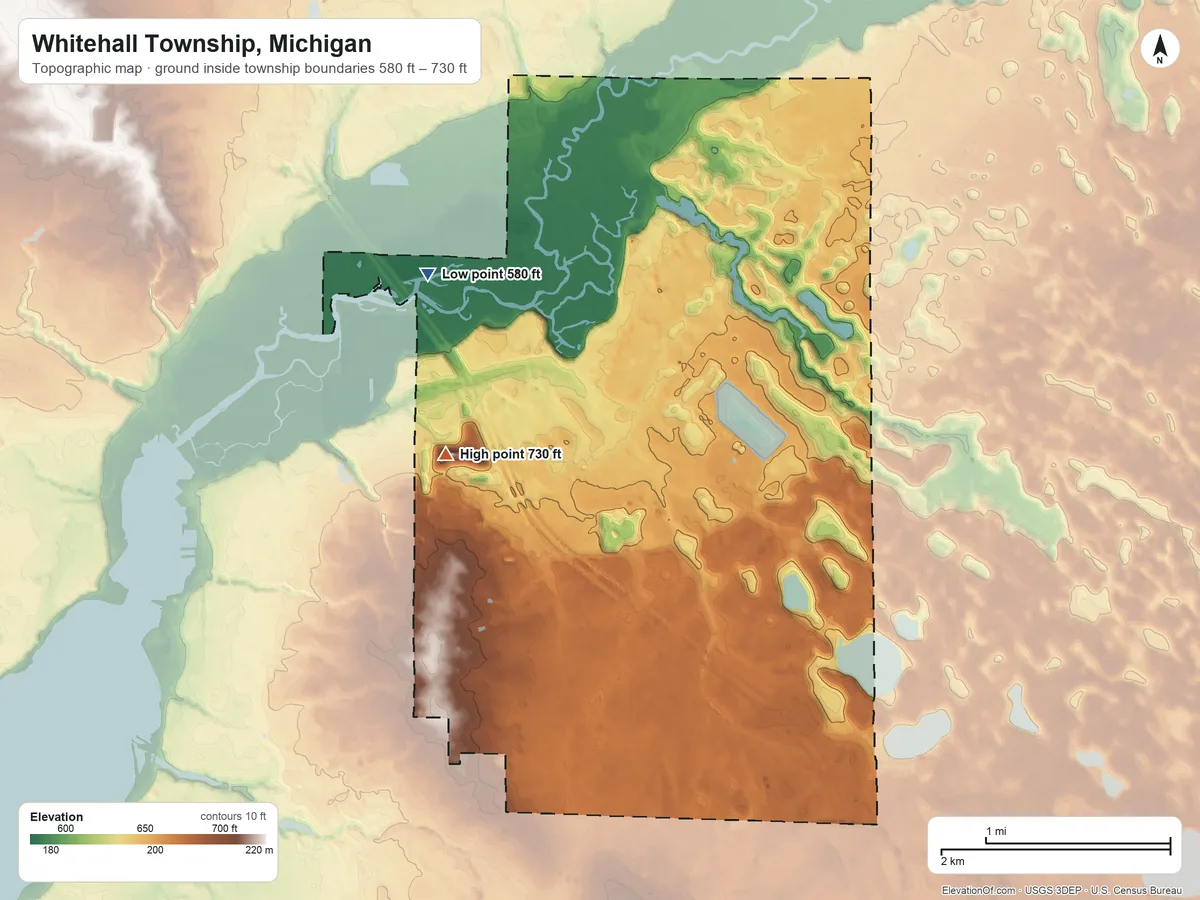 Topographic elevation map of Whitehall Township, Michigan, shaded from 580 ft on the northwest side to 730 ft on the northwest side