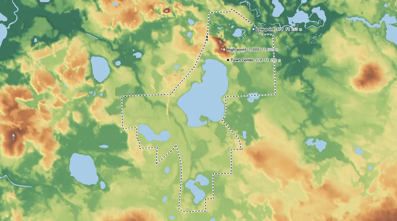 Topographic elevation map of Whitmore Lake, Michigan, shaded from 870 ft on the northeast side to 1,000 ft near the middle