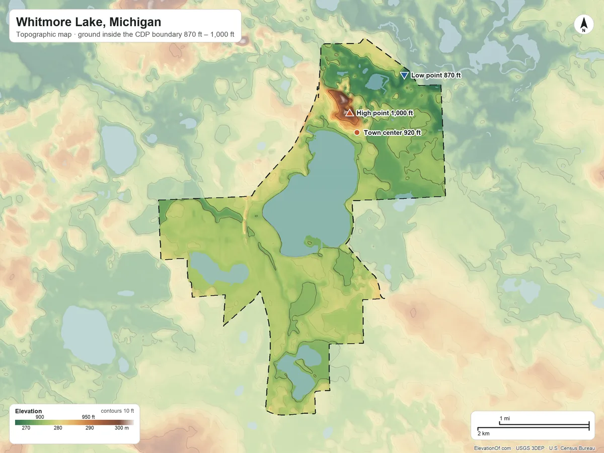 Topographic elevation map of Whitmore Lake, Michigan, shaded from 870 ft on the northeast side to 1,000 ft near the middle