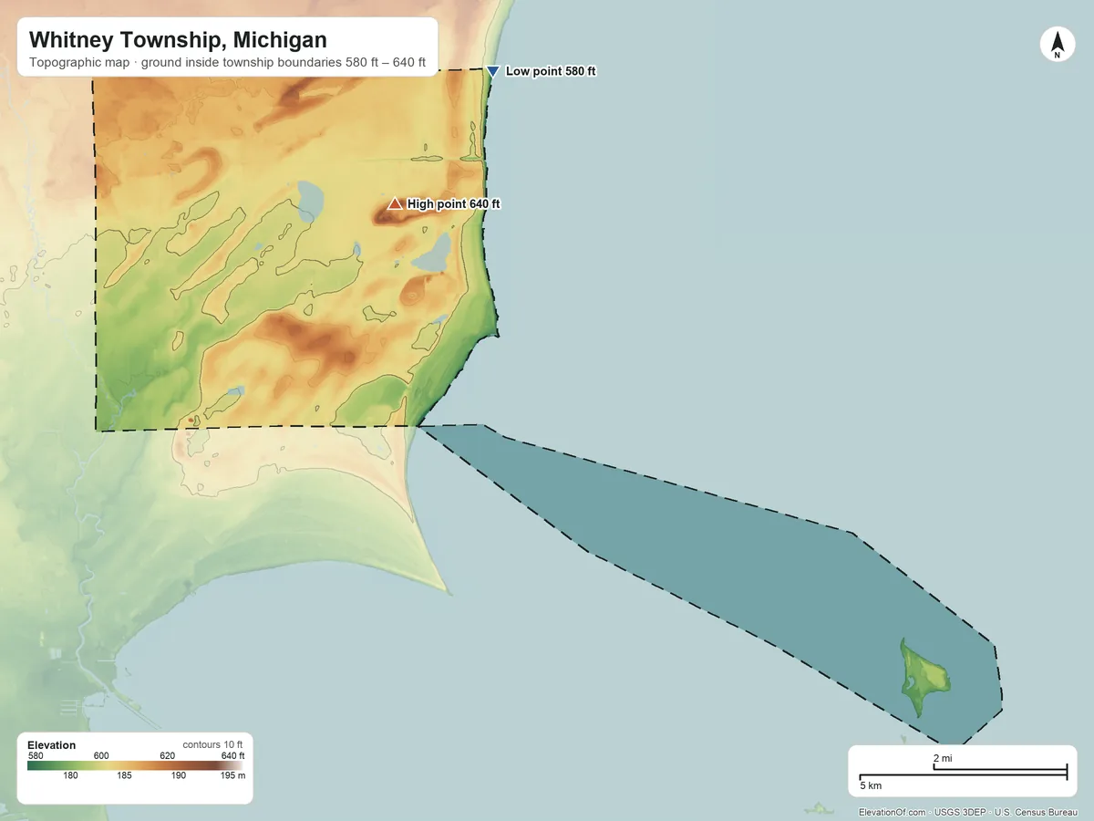 Topographic elevation map of Whitney Township, Michigan, shaded from 580 ft on the northeast side to 640 ft near the middle