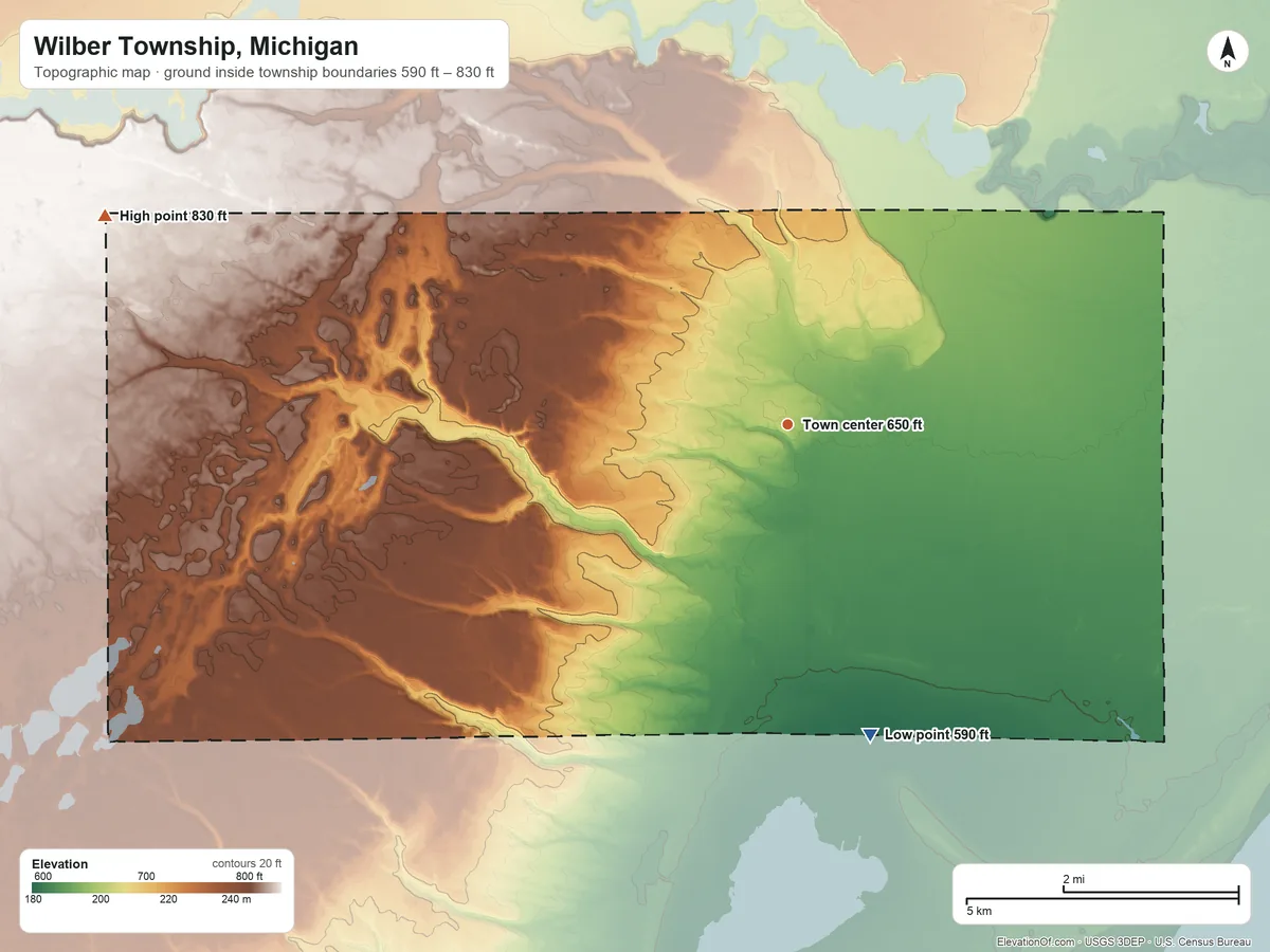 Topographic elevation map of Wilber Township, Michigan, shaded from 590 ft on the south side to 830 ft on the west side