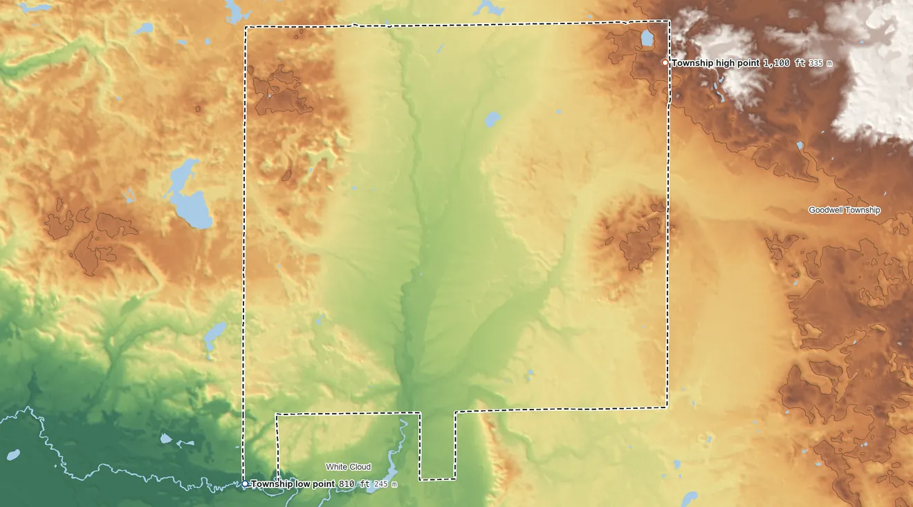 Topographic elevation map of Wilcox Township, Michigan, shaded from 810 ft on the southwest side to 1,100 ft on the northeast side