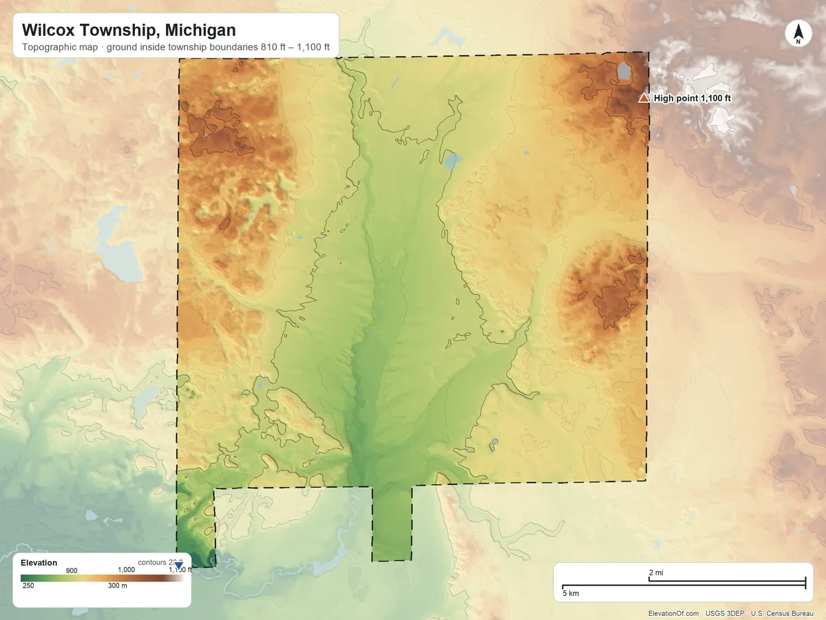 Topographic elevation map of Wilcox Township, Michigan, shaded from 810 ft on the southwest side to 1,100 ft on the northeast side