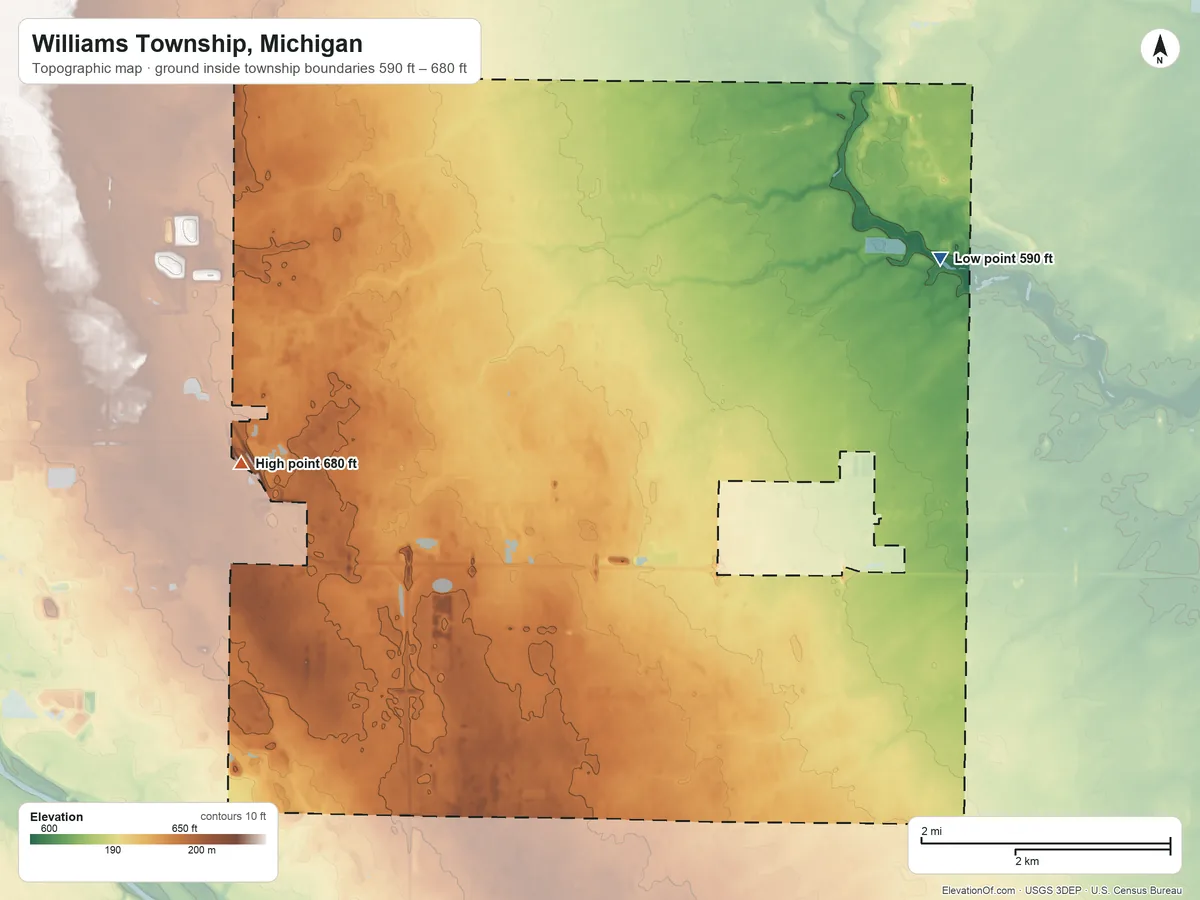 Topographic elevation map of Williams Township, Michigan, shaded from 590 ft on the northeast side to 680 ft on the west side