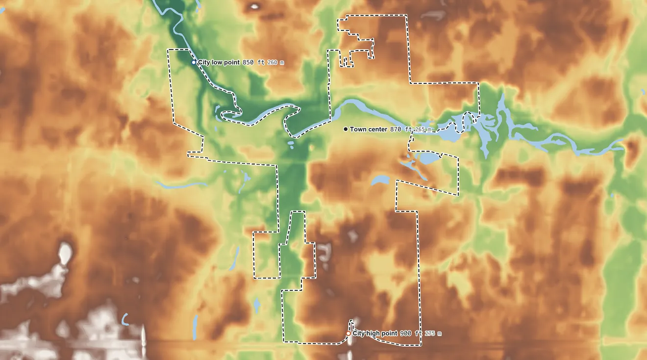 Topographic elevation map of Williamston, Michigan, shaded from 850 ft on the northwest side to 900 ft on the south side