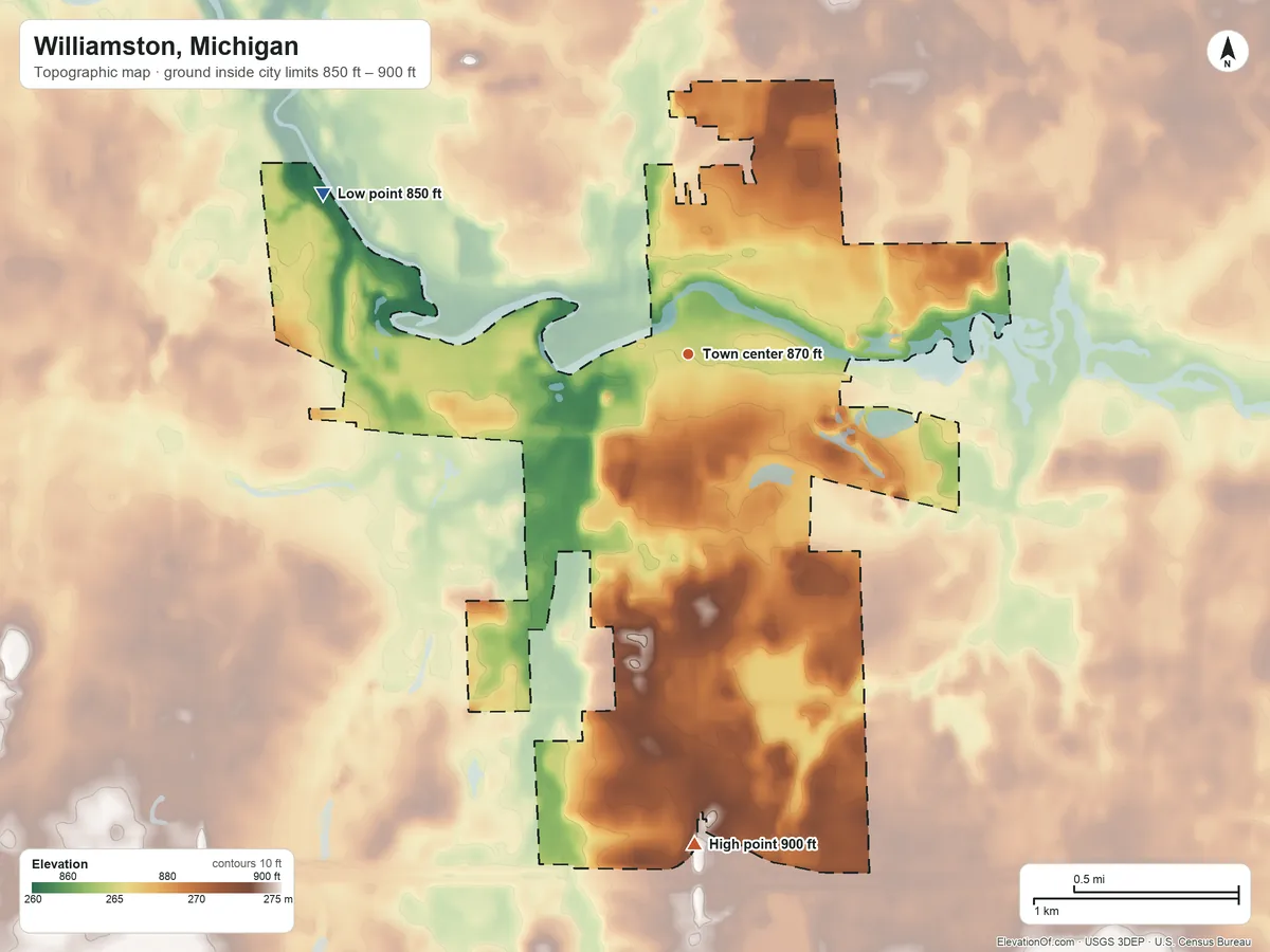 Topographic elevation map of Williamston, Michigan, shaded from 850 ft on the northwest side to 900 ft on the south side