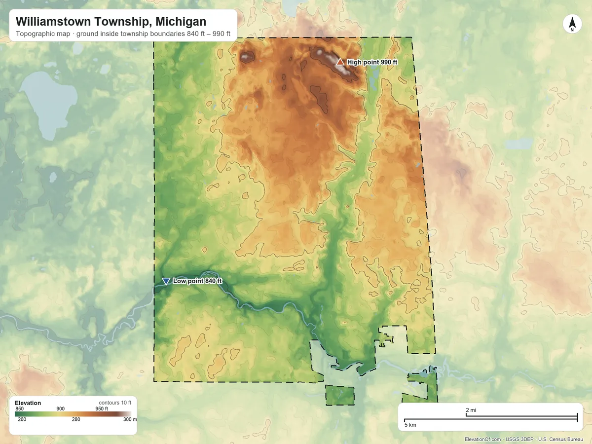 Topographic elevation map of Williamstown Township, Michigan, shaded from 840 ft on the west side to 990 ft on the north side