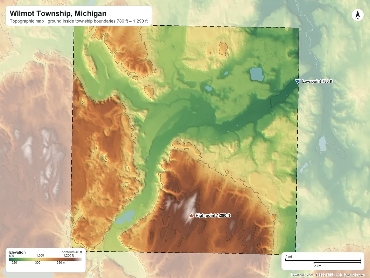 Topographic elevation map of Wilmot Township, Michigan, shaded from 780 ft on the east side to 1,290 ft on the south side