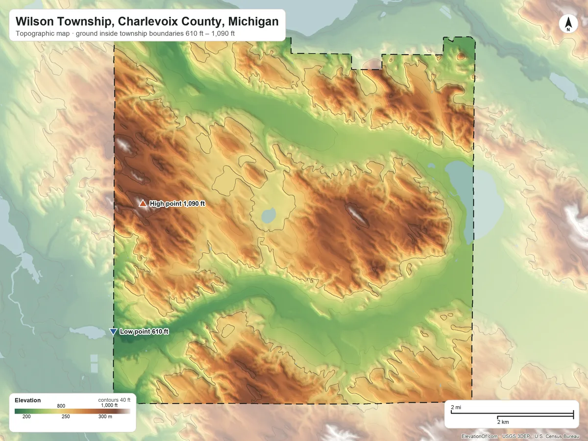 Topographic elevation map of Wilson Township, Charlevoix County, Michigan, shaded from 610 ft on the southwest side to 1,090 ft on the west side