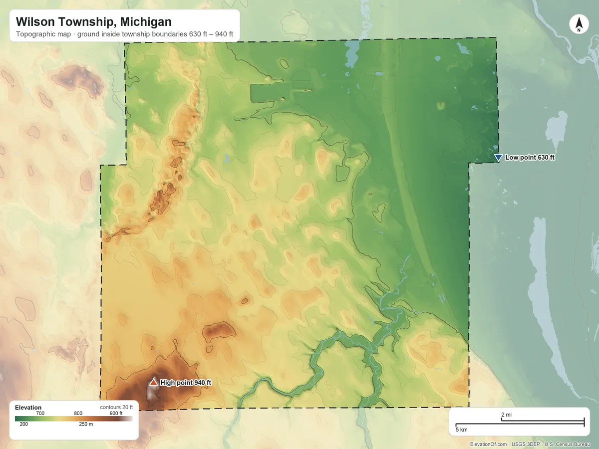 Topographic elevation map of Wilson Township, Michigan, shaded from 630 ft on the east side to 940 ft on the southwest side