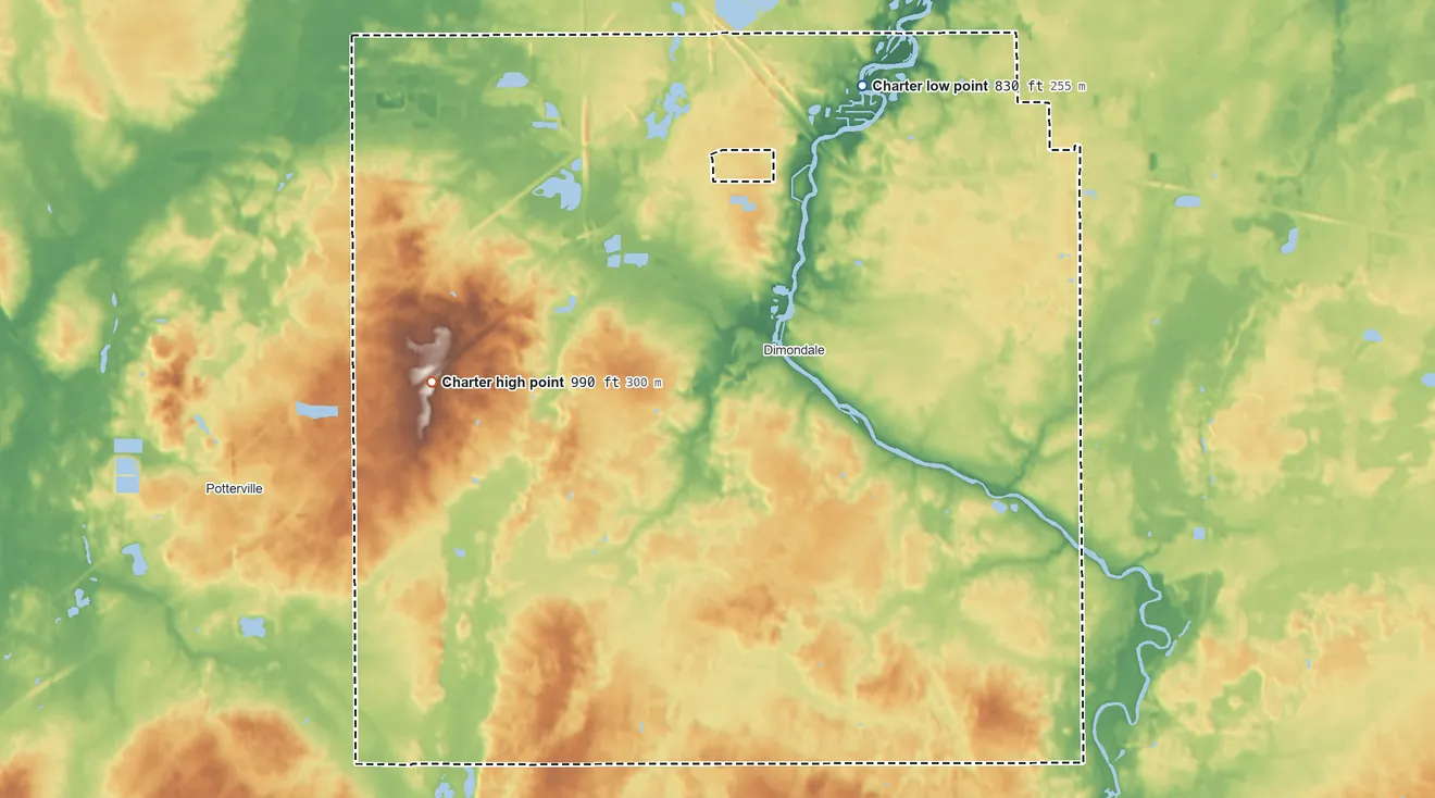 Topographic elevation map of Windsor Township, Michigan, shaded from 830 ft on the north side to 990 ft on the west side