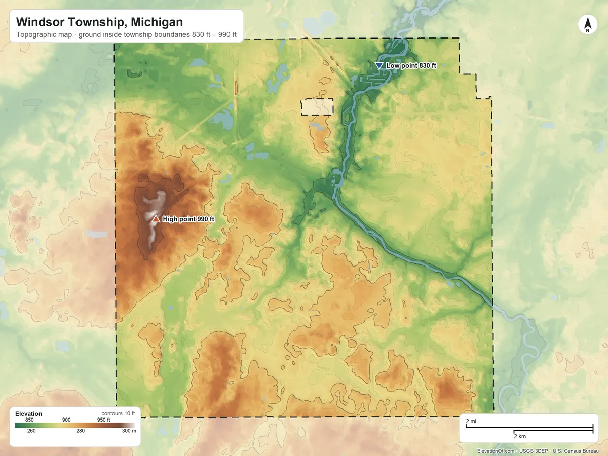 Topographic elevation map of Windsor Township, Michigan, shaded from 830 ft on the north side to 990 ft on the west side