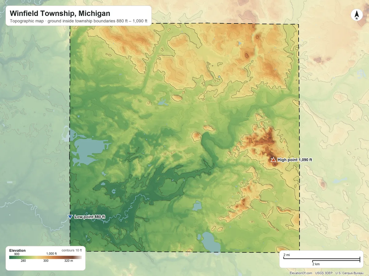 Topographic elevation map of Winfield Township, Michigan, shaded from 880 ft on the southwest side to 1,090 ft on Brady Hills