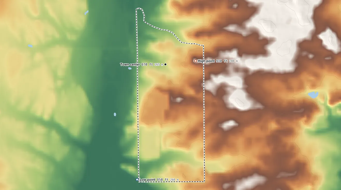 Topographic elevation map of Winn, Michigan, shaded from 850 ft on the south side to 910 ft on the east side