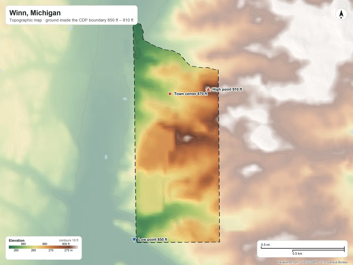 Topographic elevation map of Winn, Michigan, shaded from 850 ft on the south side to 910 ft on the east side