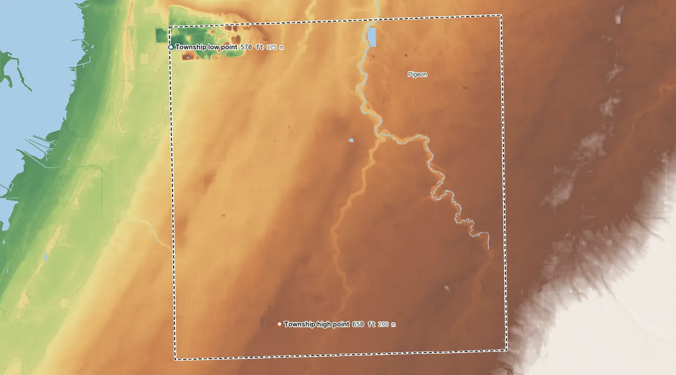 Topographic elevation map of Winsor Township, Michigan, shaded from 570 ft on the west side to 650 ft on the southwest side