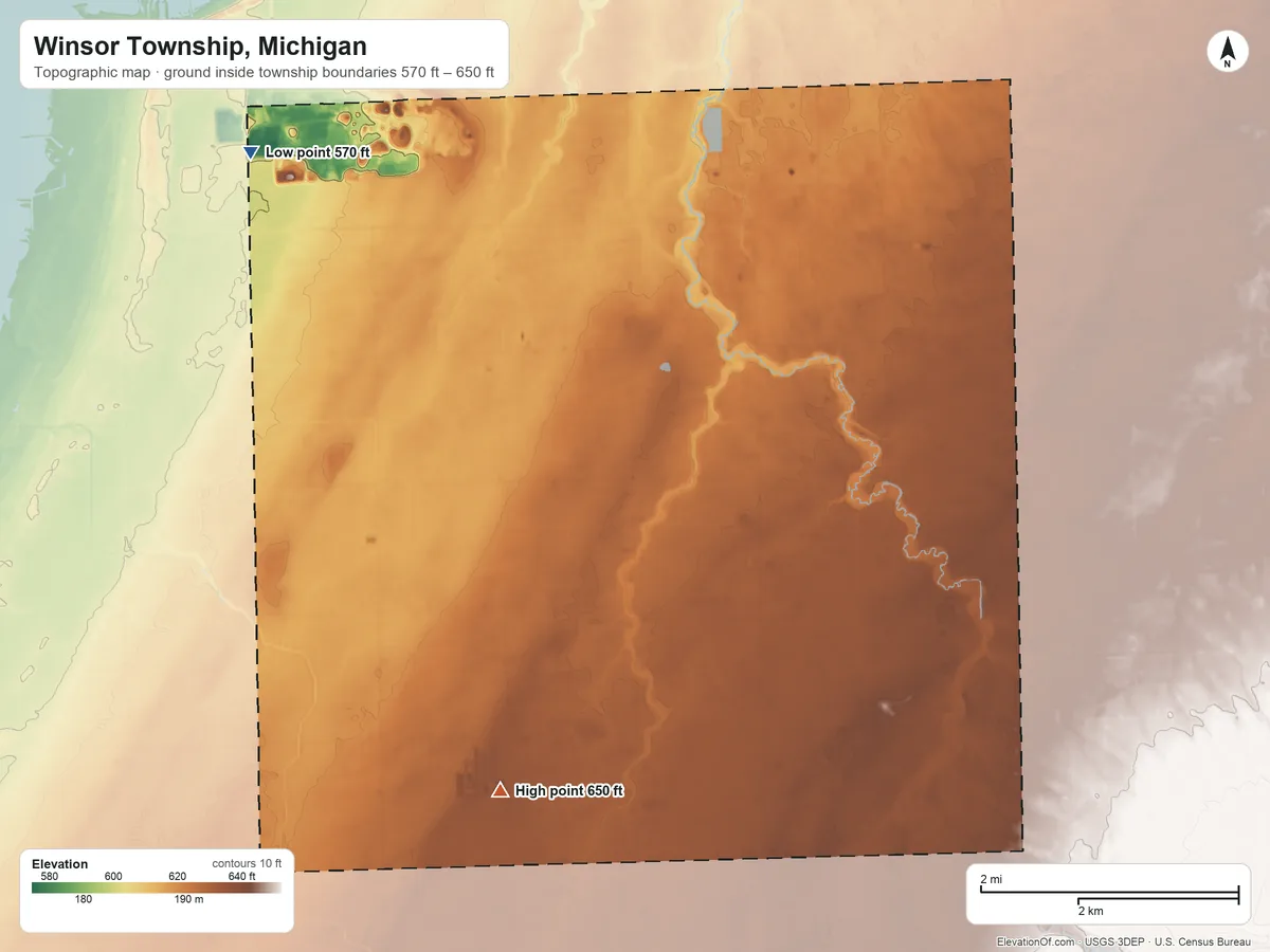 Topographic elevation map of Winsor Township, Michigan, shaded from 570 ft on the west side to 650 ft on the southwest side